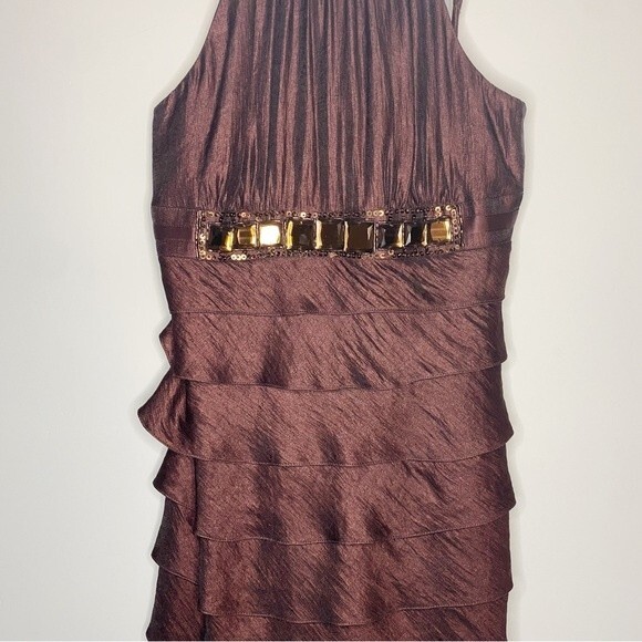 Caché Brown Ruffle Layered Tiered Jewel Beaded Cocktail Party Dress Satin Size 4 - Picture 3 of 11